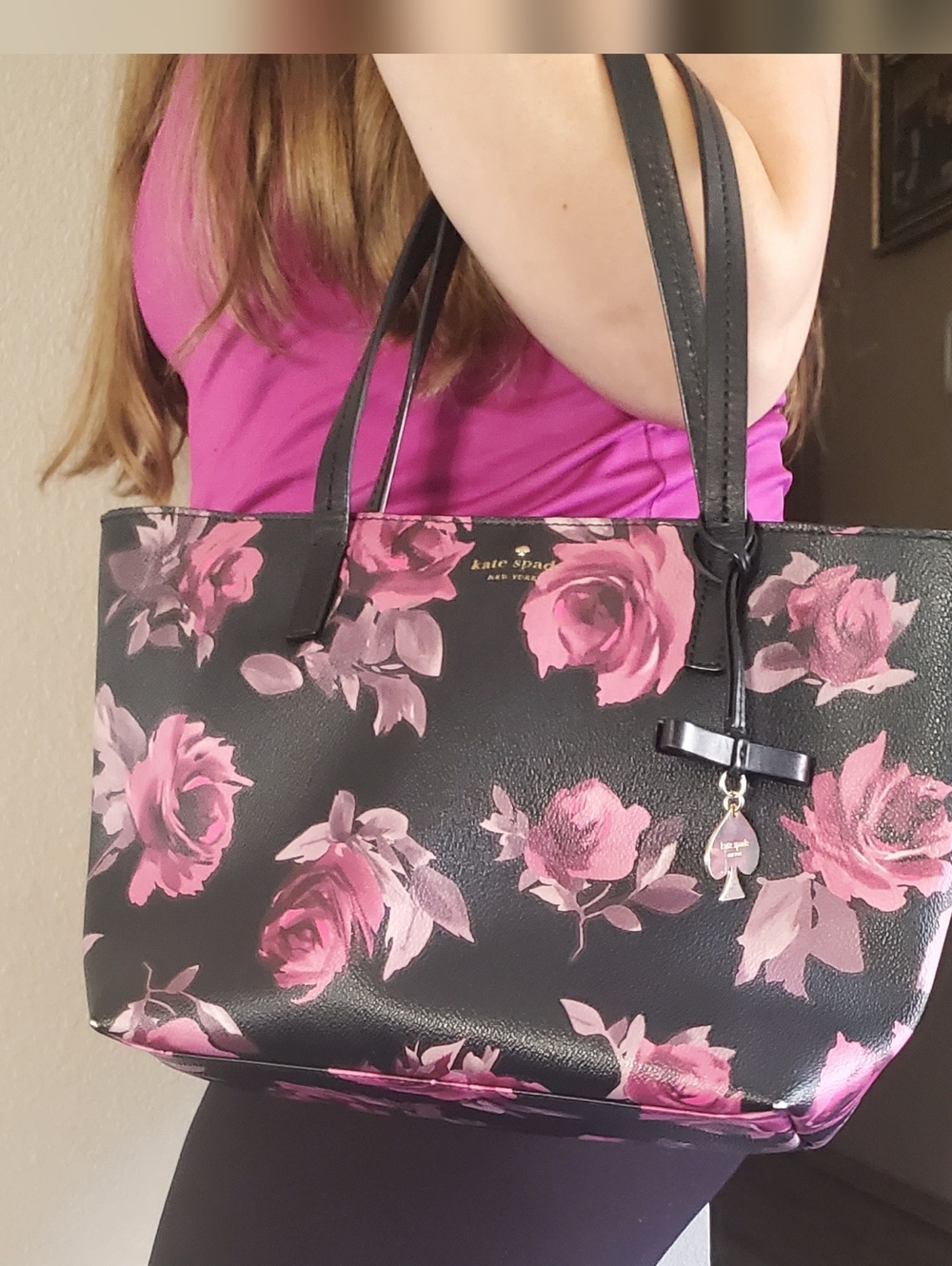 Kate Spade Black Tote with Pink Rose Floral Print (Synphony Rose) ♠️